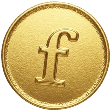 A golden circular stamp with a lowercase 'f', on a textured, transparent background.